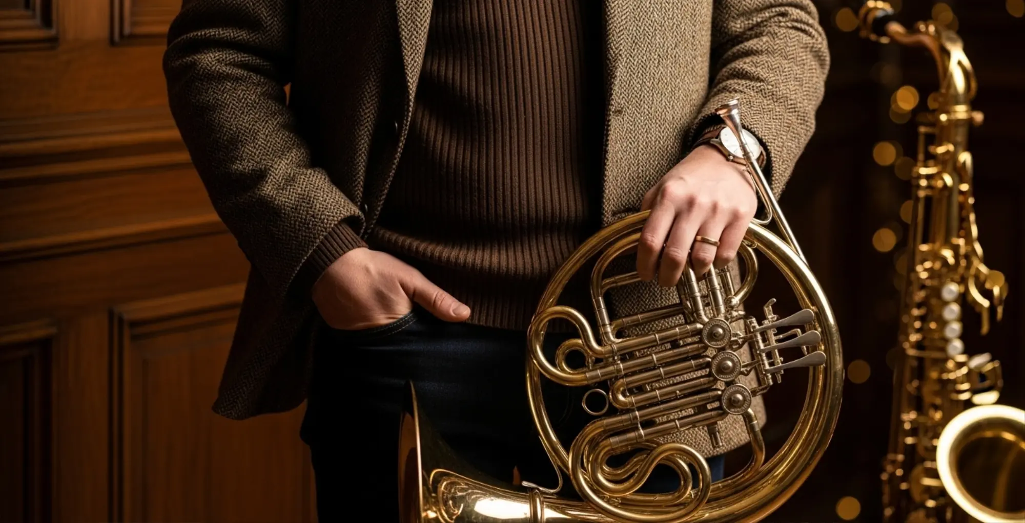 Muž v hnědém saku nesoucí lesní roh